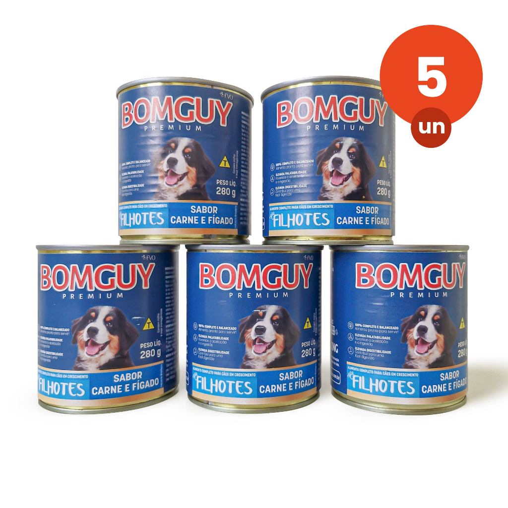 Kit 5 Bomguy Premium Patê Sabor Carne e Fígado Ração Úmida para Cães Filhotes 280g FVO