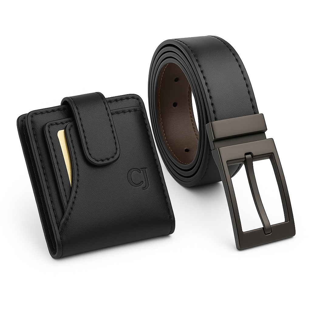 Kit Carteira Masculina Couro Legitimo + Cinto Dupla Face 2 Em1 Preto e Marrom  com Fivela Giratória