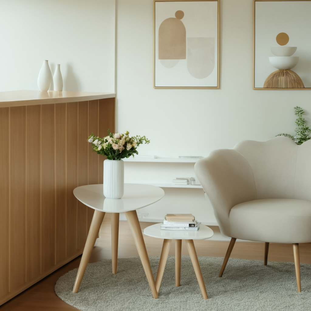 Conjunto de Mesa Canto E Apoio Pé Palito Tripé Porta Quadros E Objetos Tampo Orgânico