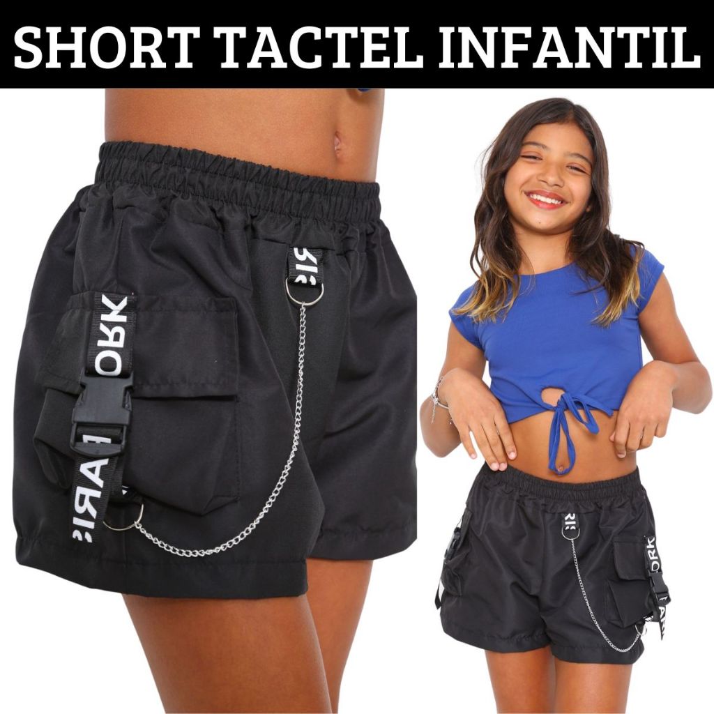 Short Feminino Infantil Para Meninas 10 12 14 Tactel 4 Bolsos Com Fitas e Corrente Short Cargo Stree