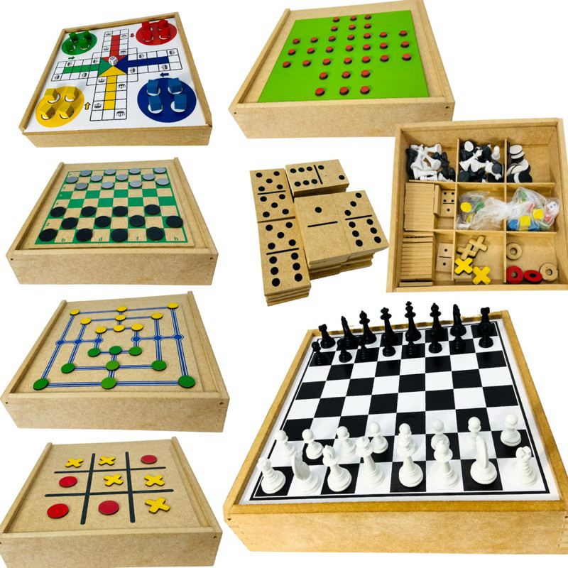 Jogo Tabuleiro Educativo  Madeira Clássicos Xadrez Dama Jogo da Velha Ludo Trilha Dominó Resta 1