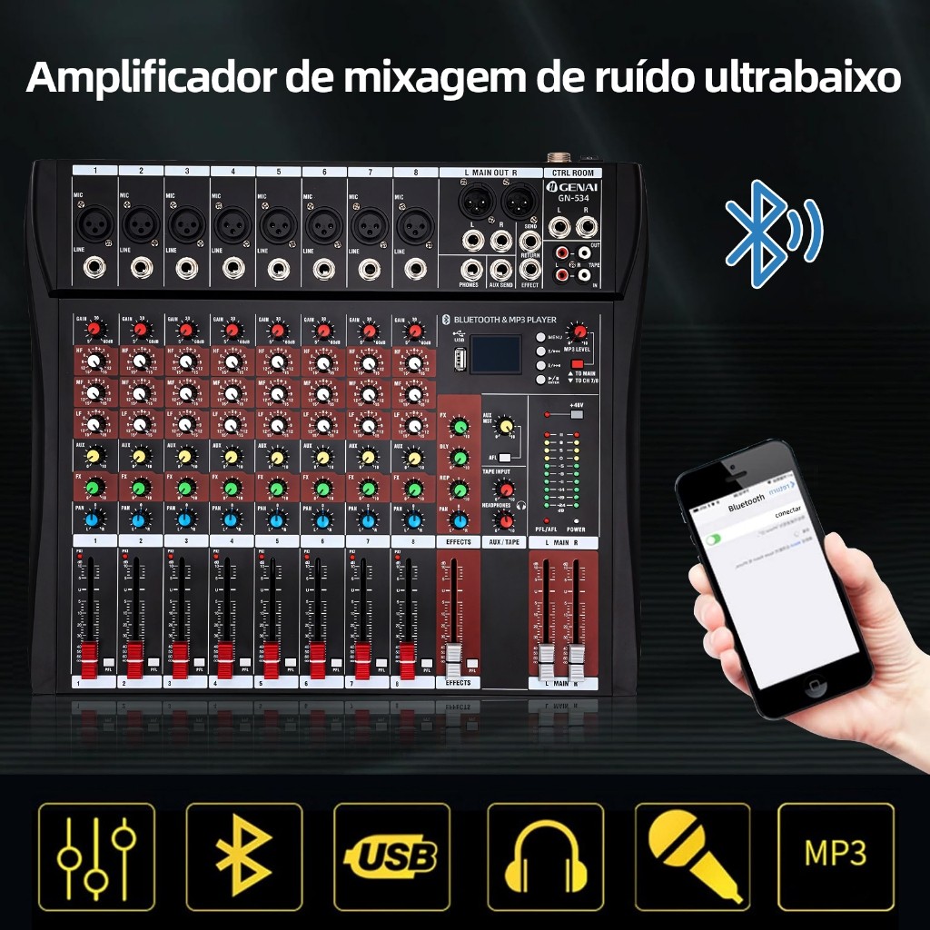 Mesa Som Profissional 12 Canais Console Misturador Efeitos