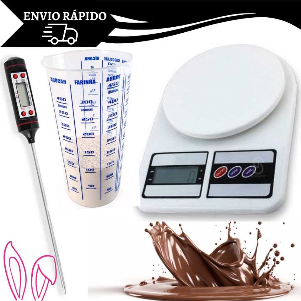 Kit Balança Digital, Termômetro Culinário para Chocolate e Copo de Medida Plastico para Confeitar