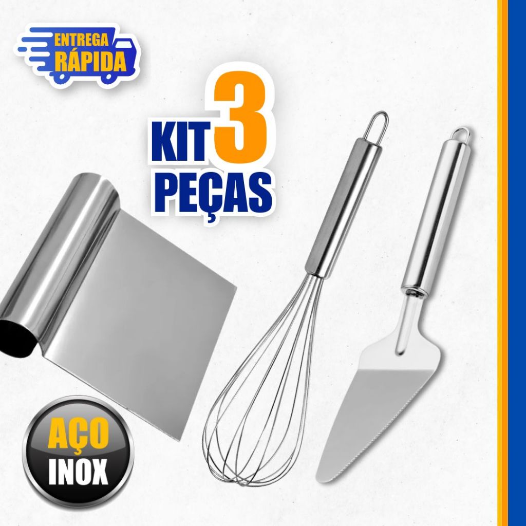 KIT 3/2/1 Confeiteir de cozinha Espátula raspador de massa + Batedor de Ovo Fouet Fue 30cm +Espátula