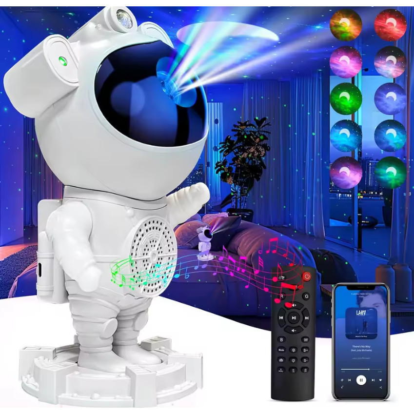 Luminária Astronauta com Som Bluetooth  Projetor de Luz Galáxia e Estrelas no Espaço