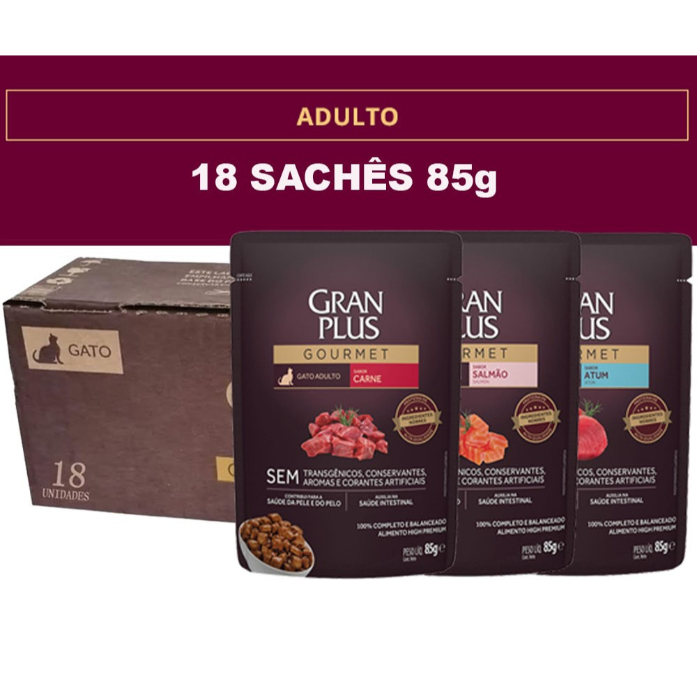 Kit 18un Ração Úmida Sachê GranPlus Gourmet Gatos Adultos 85g