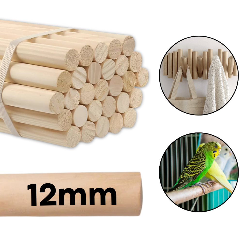 10 Poleiros Bastão de Madeira Pinus 12mm Cabo Vareta Artesanato