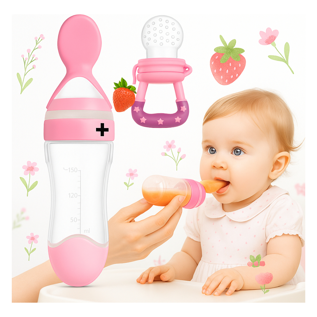 Kit Colher Dosadora E Bico Mordedor 2 em 1 Frutas Bebe Infantil Bpa Free Silicone