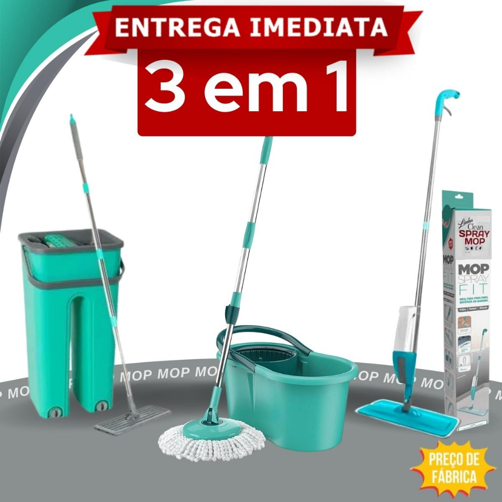 Mop Flat Spray Giratório Spin Inox Pro limp Magico Fit Refil