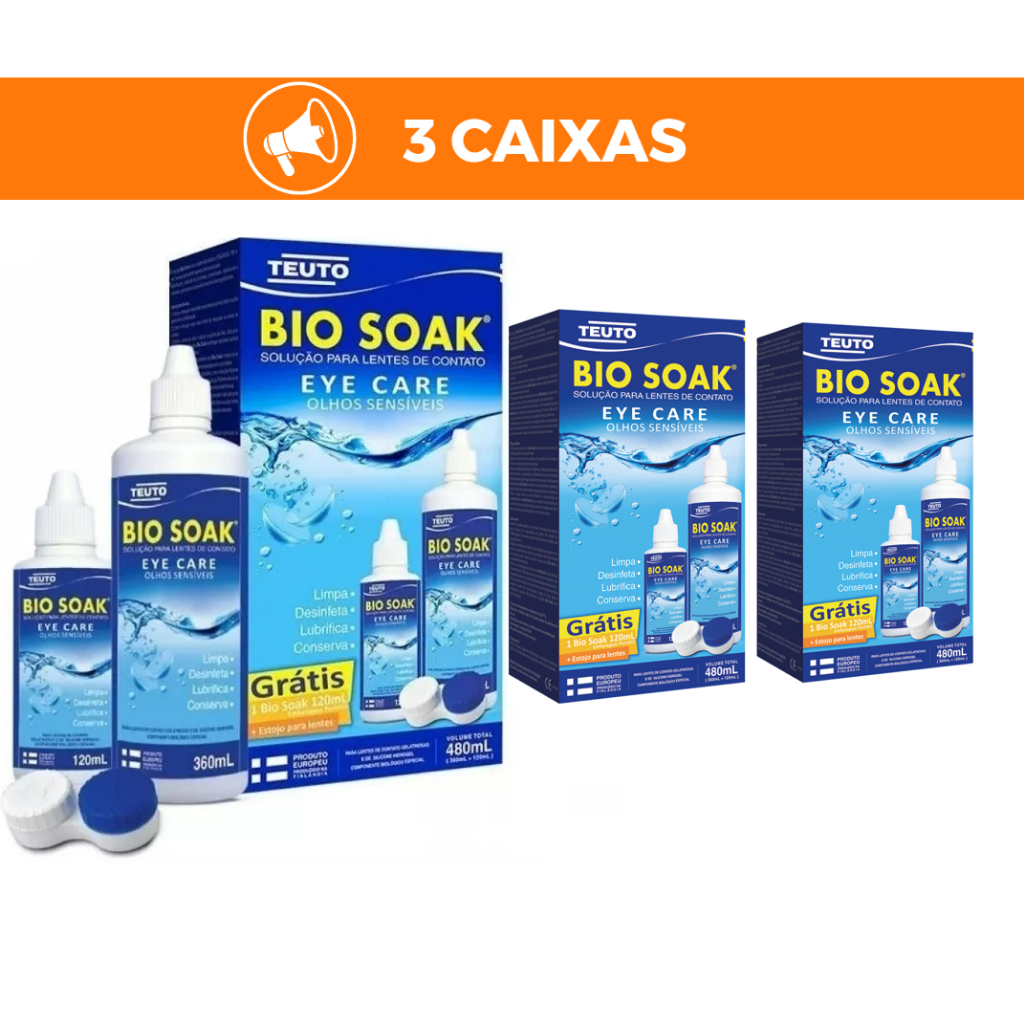 Kit Bio Soak – Cuidado Completo para Lentes de Contato (3 Embalagens de 480ml com Estojo)