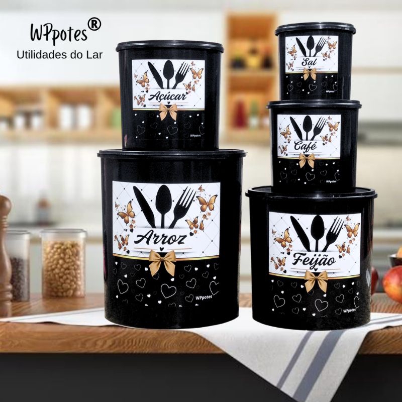 Porta Mantimento Conjunto 5 peças Kit Potes Cozinha Arroz Feijão Açúcar Café e Sal Preto Tampa Preta