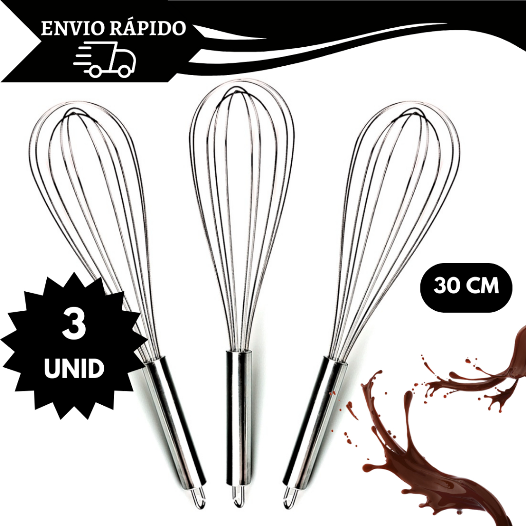 Kit 3 Fue Batedor De Ovo em Aço Inox Reforçado Fouet 30Cm