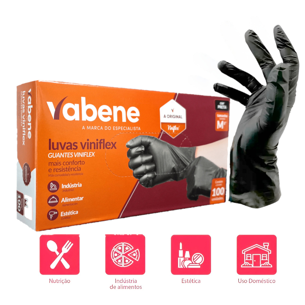 Luvas descartável preta viniflex sem pó P M G GG Vabene TPE