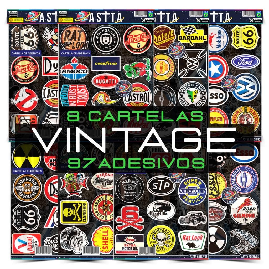 Kit 8 Cartelas de 97 Adesivos Logos Antigos Vintages Marcas Anos 70 80 e 90 Para Veículos Celular N