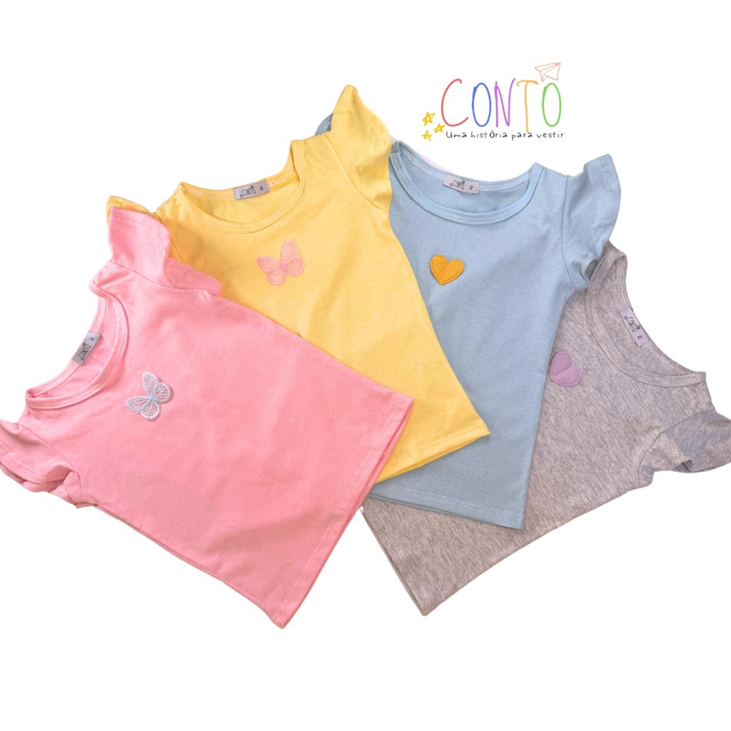 kit 3 blusa manga curta com aplique camiseta menina roupa infantil menina cores