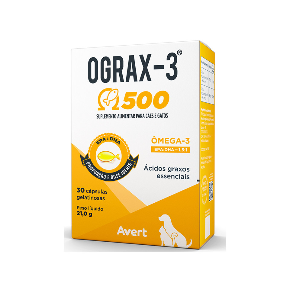 Ograx-3 500 Mg Suplemento Para Cães e Gatos Ômega 3 Avert – 30 Cápsulas