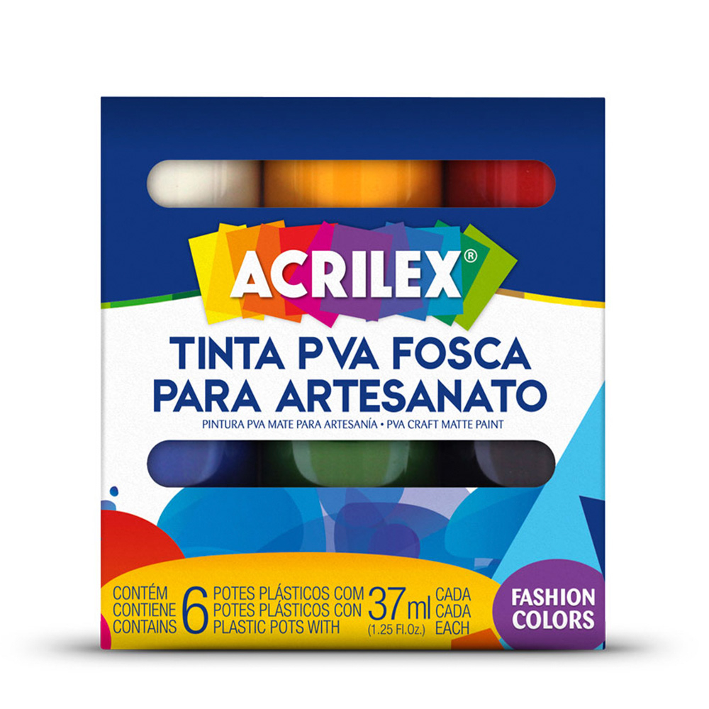 Tinta PVA Acrilex 6 Cores 37ml Artesanato Cerâmica Pintura