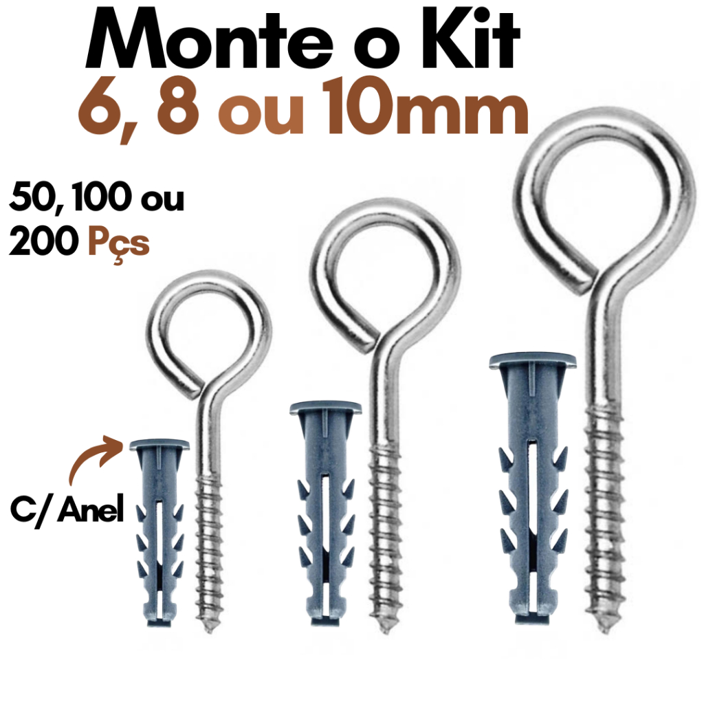 Kit Pitão e Bucha com Anel 6 8 10 Kit 50 100 200 Gancho Fechado Kit Pitao Zincado comBuchaFixação