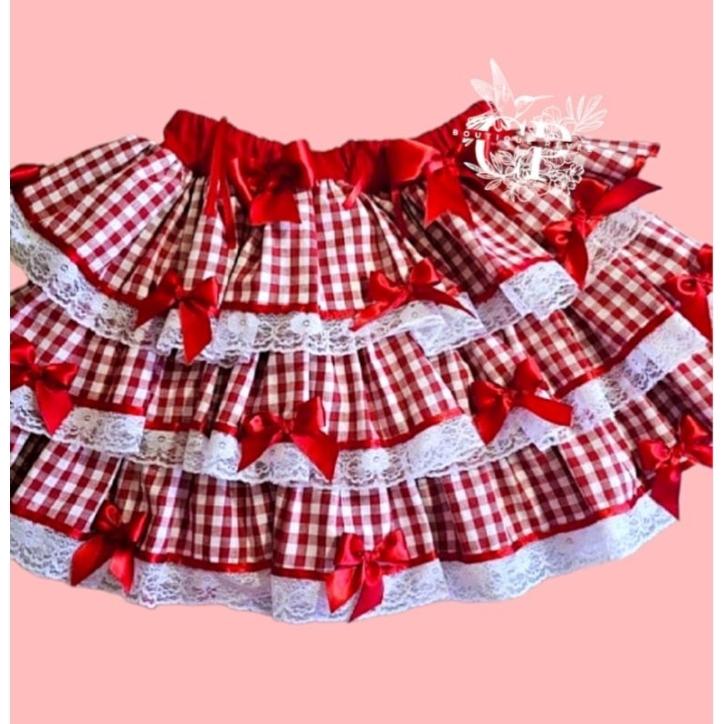Saia Junina de Luxo Adulto  Xadrez Vermelho e Azul com Laços e Renda