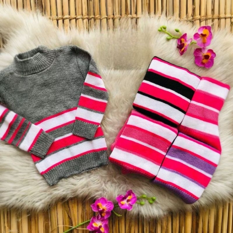 Blusa de Lã Infantil Menina Listrada Gola Alta Quentinha Inverno Frio
