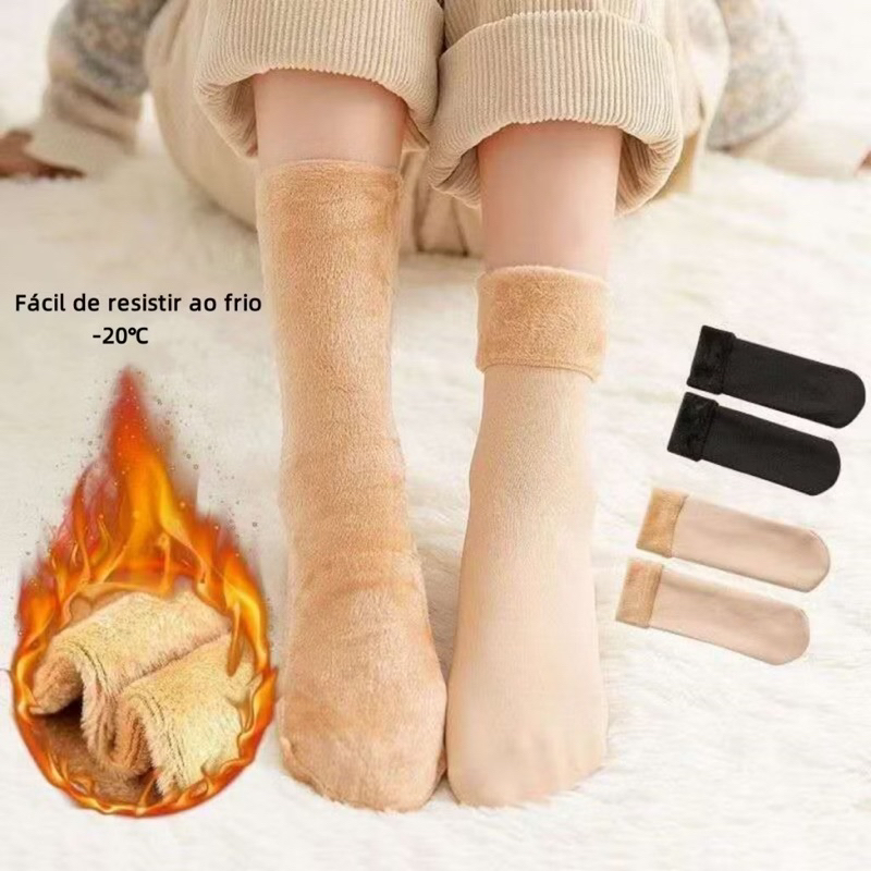 KIT 3 Pares Meia Termica Feminina Cano alto de Lã Grossa Peluciada Meia De Inverno