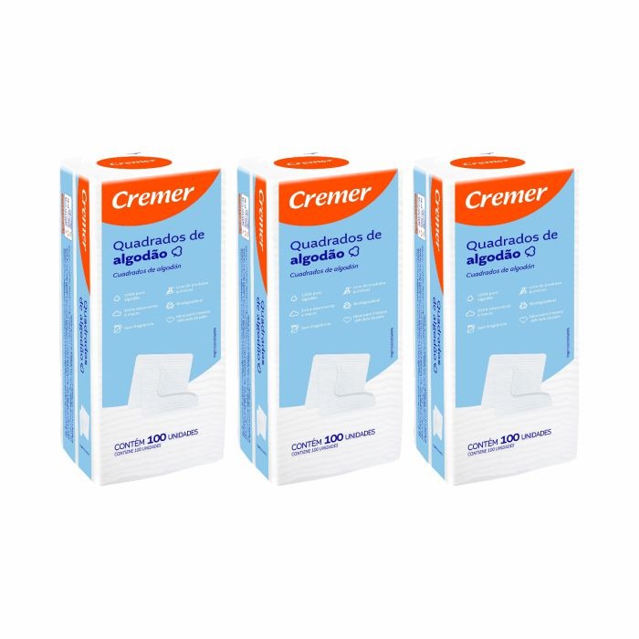Algodão Quadrado Sem Perfume Cremer 100 UN KIT C/