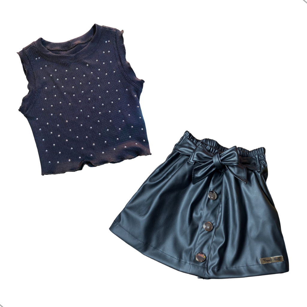 Conjunto Infantil Cropped Brilho Strass + Shorts Saia Couro Cirrê Moda Menina