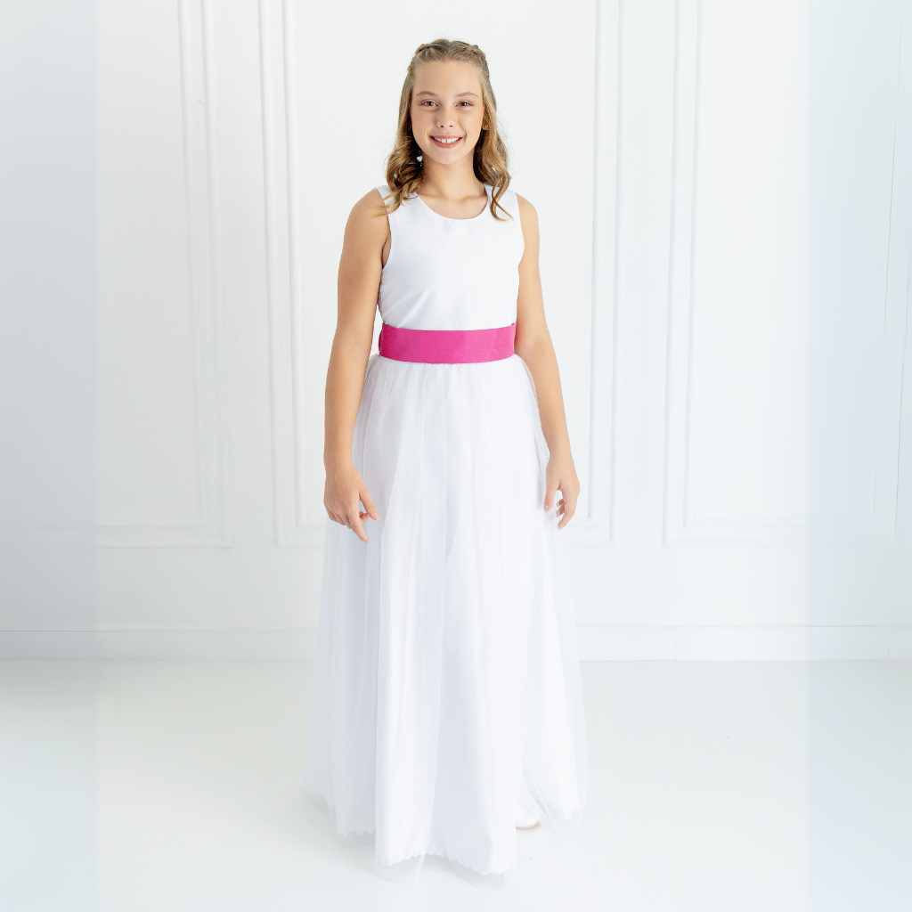 Vestido Longo Branco Dama de Honra Faixa Rosa Fúcsia Pink Infantil com Saia Tule REF4072