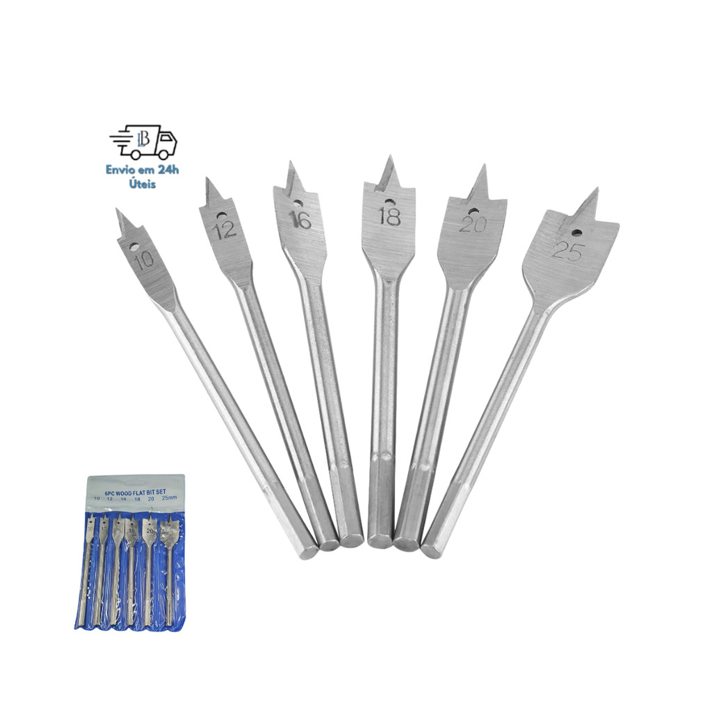 Jogo de Brocas Chatas Longas para Madeira 6 Peças (10-25mm)