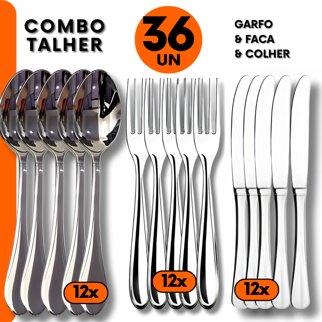 Kit Talher 36pçs – Colher, Garfos e Facas Inox para Jantar Almoço Refeição em Bar Restaurante