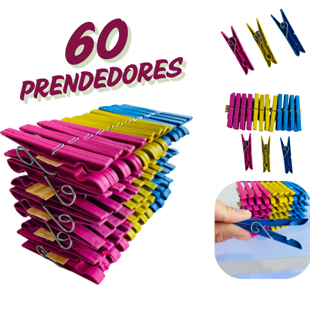 Kit com 60 / 48 / 36 / 24 / 12 Pregadores de Roupa em Plástico Reforçado – Cores Sortidas