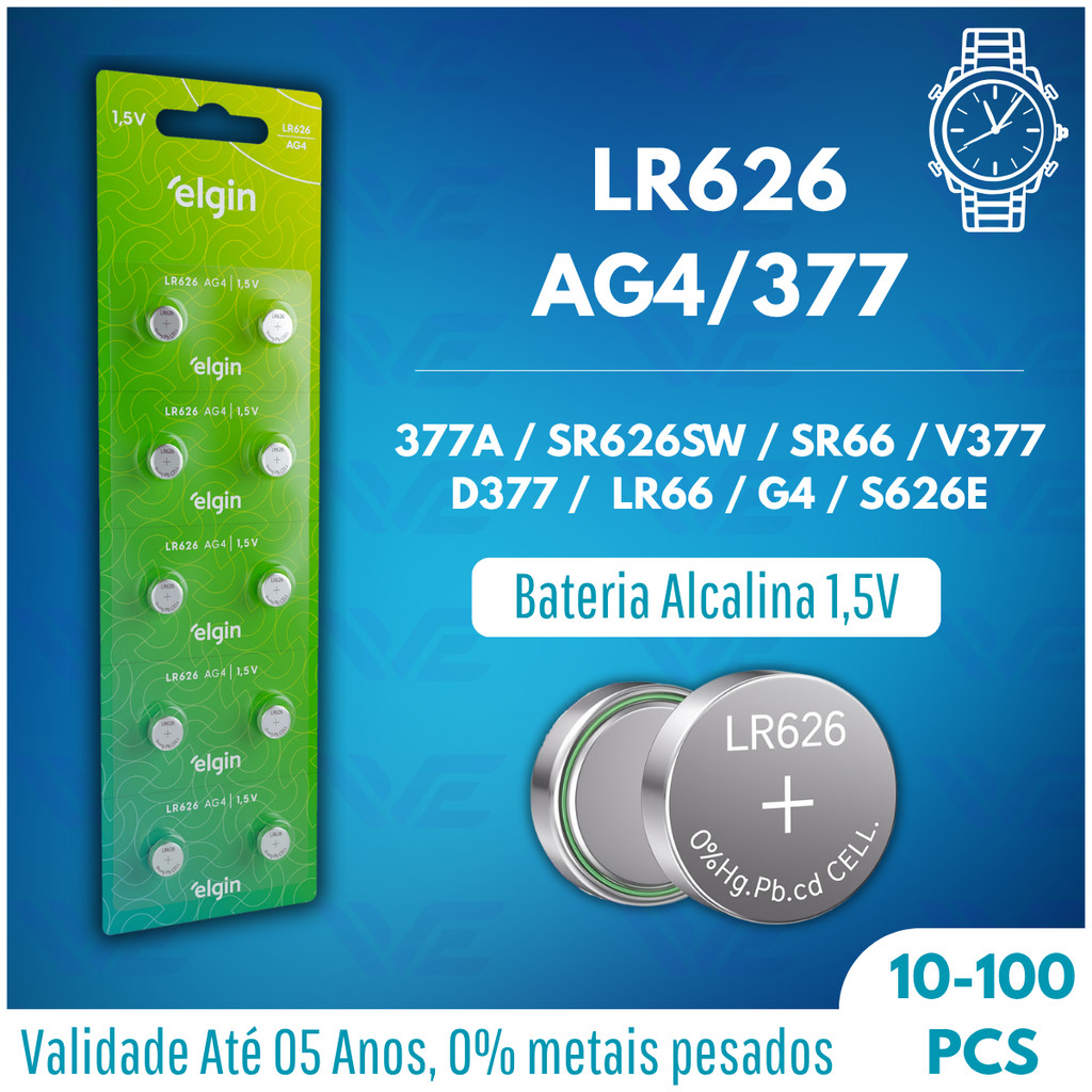 Bateria Pilha P/ Relógio de Pulso LR626 AG4 1.5 V Cartela c/ 10 Elgin (Escolha a quantidade)