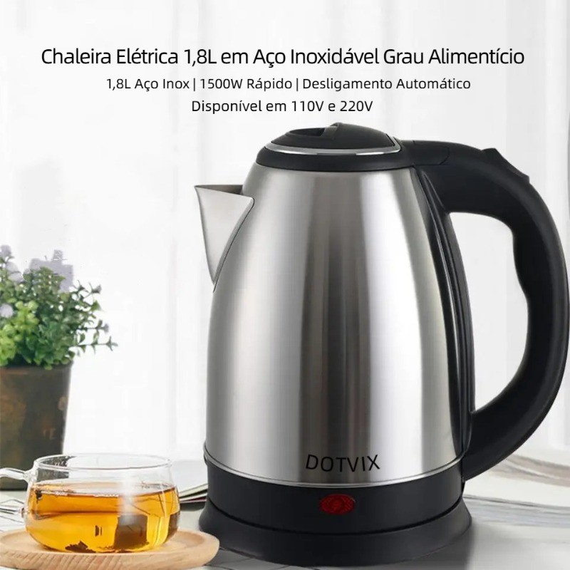 Chaleira Elétrica Inox 1,8L 1500W 110V / 220V disponíveis – ferve Rápido, Desligamento Automático
