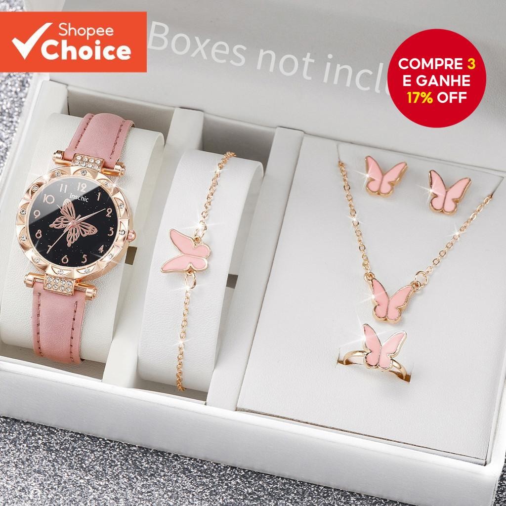 6 Peças Elegante Strass Borboleta Números Pulseira De Couro Feminino Relógio Conjunto De Joias Sem C