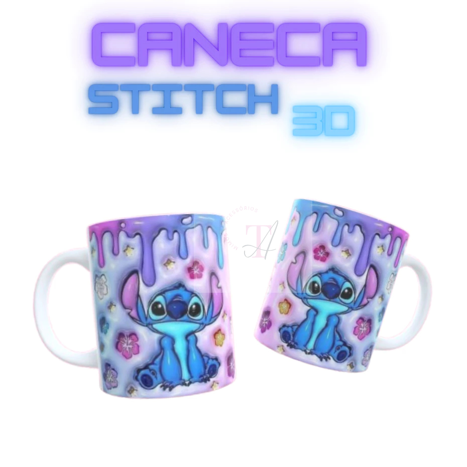 Caneca xícara de cerâmica porcelana Lilo e Stitch  Efeito 3D – Porcelana 325ml