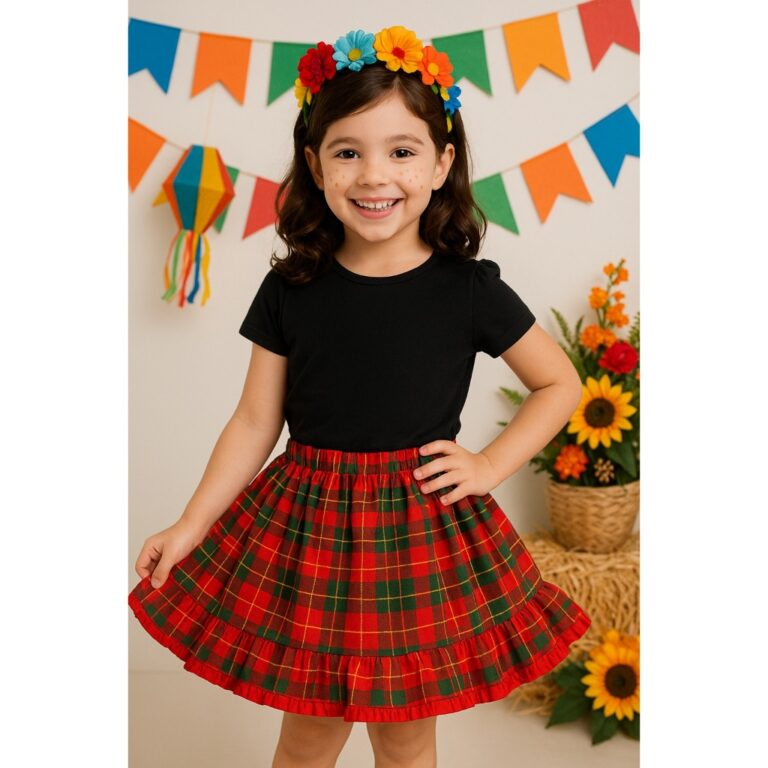 Saia Curta Xadrez Festa Junina Infantil Arraiá Fe