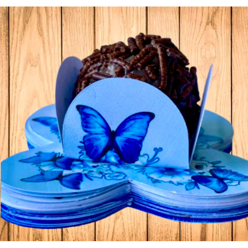 50 Forminhas Personalizada de Doce Brigadeiro Docinho 4 Pétala Festa, Aniversário Borboleta Azul