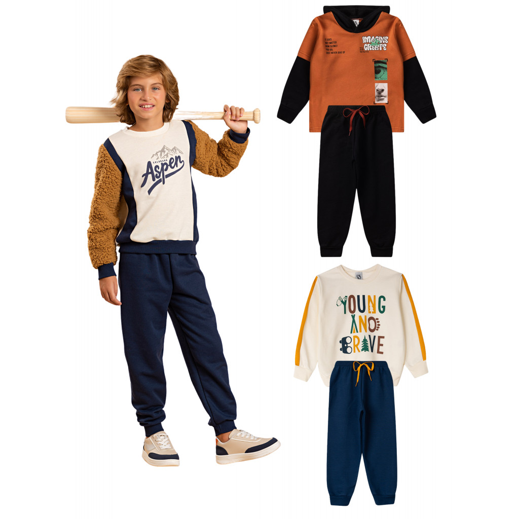Kit Sortido 2 Peças de Roupas Infantis Masculino Inverno – 1 Casacos + 1 Calças
