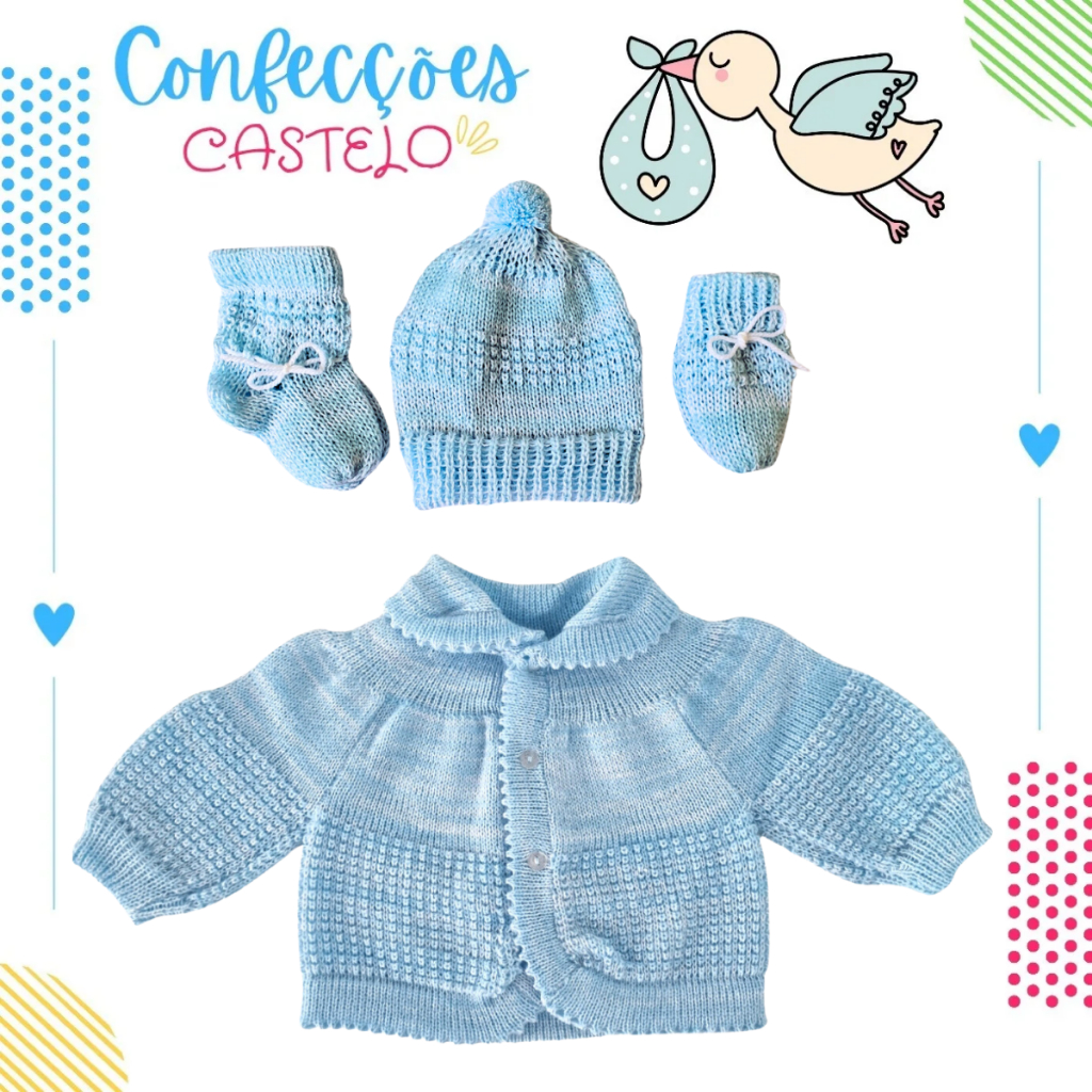 Casquinho cardigan gorro luva e meia sapatinho de lã tricô kit bebê recém nascido