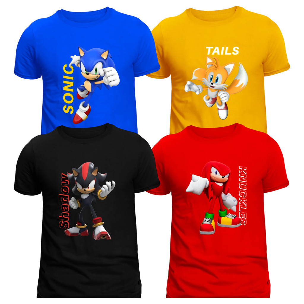 Camiseta Avulsa OU Kit 4 Camisetas Sonic Knuckles Tails Shadow Camisa Infantil Juvenil Adulto