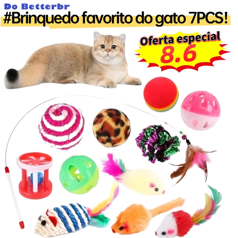 Kit 7 Brinquedos para Gatos Ratinho Bolinha Varinha Gatinho