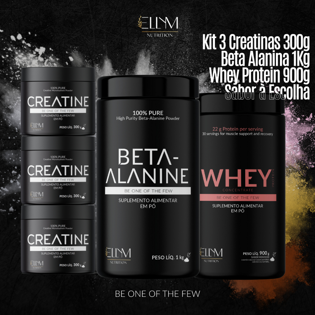Super Combo Suplemento 3 Creatinas 300g + Beta Alanina 1Kg + Whey Protein 900g Performace Força