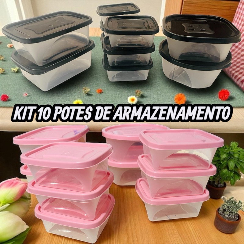 Conjunto 10 Potes Plástico Otima Vedação Variados Tamanhos Vai Microondas, Geladeira e Frezzer