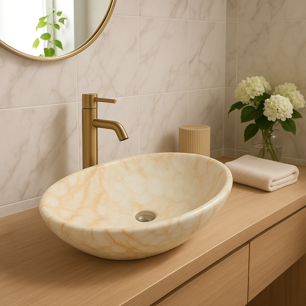 Cuba De Apoio Oval 41×33,5cm Mármore Creme Everfort
