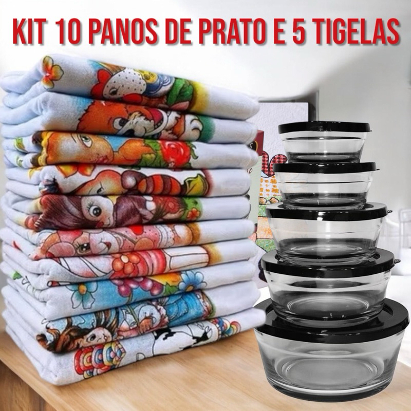 Kit 5 Tigelas de Vidro e 10 Panos de Prato 100% Algodão Tigelas com Tampas Herméticas