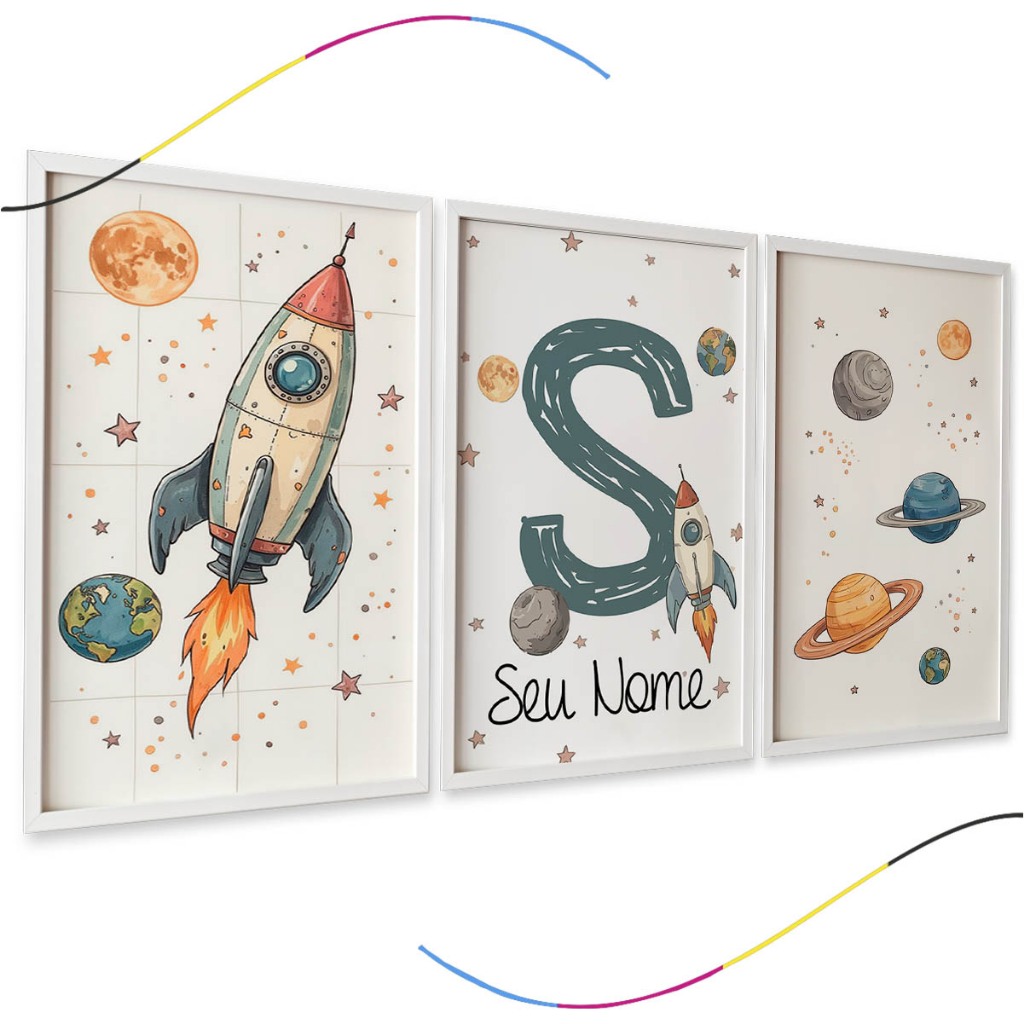 Quadros Decorativos Infantis Astronauta, Foguete e Planetas, Personalizável com Nome, Kit 3 Peças