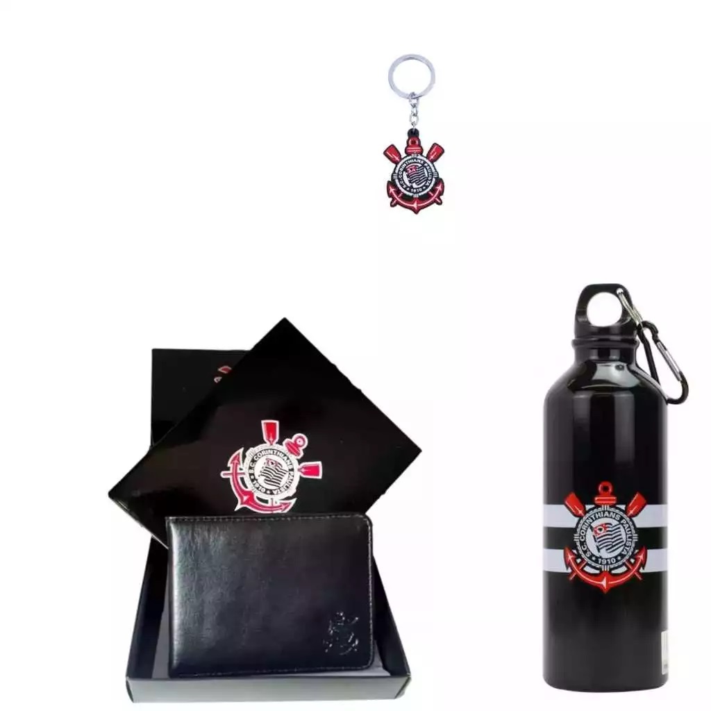 KIT CARTEIRA EM COURO + GARRAFA + CHAVEIRO CORINTHIANS TIME