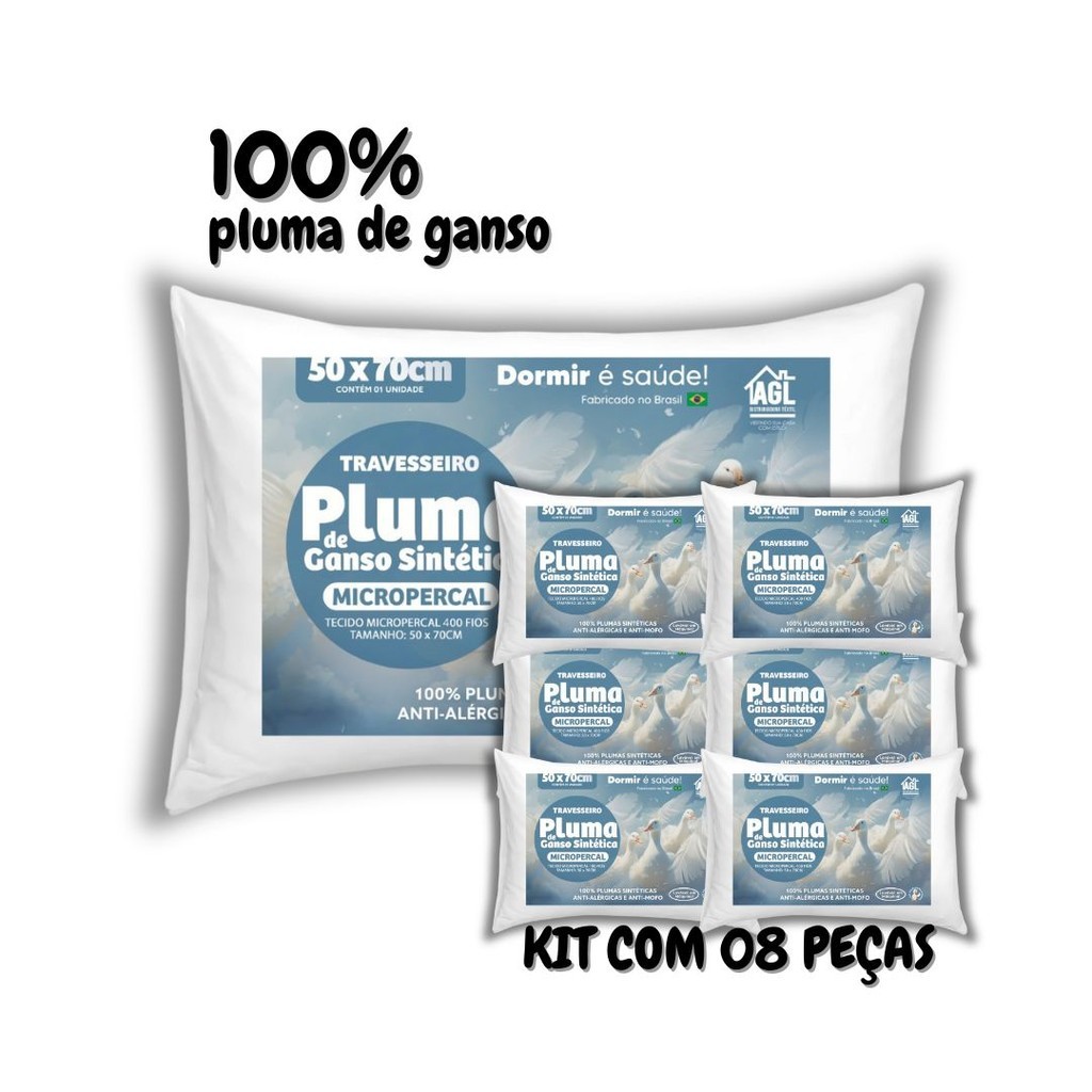 Travesseiro Pluma de Ganso 400 Fios 50×70 Micropercal Antialérgico Lavável Toque Suave Plumas Sintét