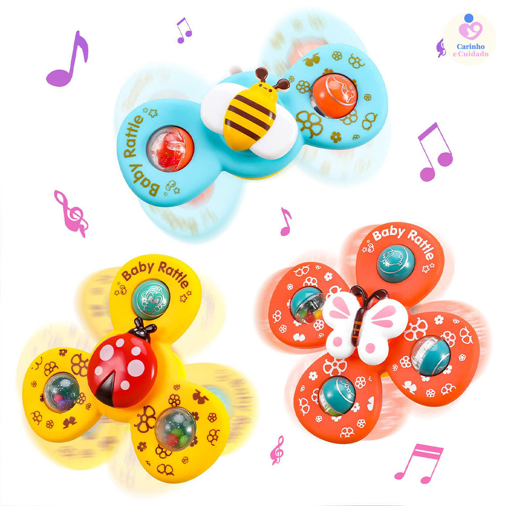 Kit 3 Brinquedo Sensorial para Bebê – Ventosa Adesiva Gira Spinner Atividade Educativa