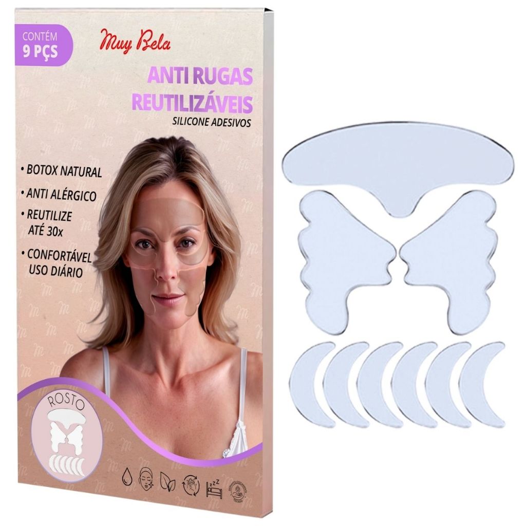 Adesivo Anti Rugas Silicone 9 Peças | Skin care Reutilizável, Reduz Rugas e Linhas, Colágeno, Botox
